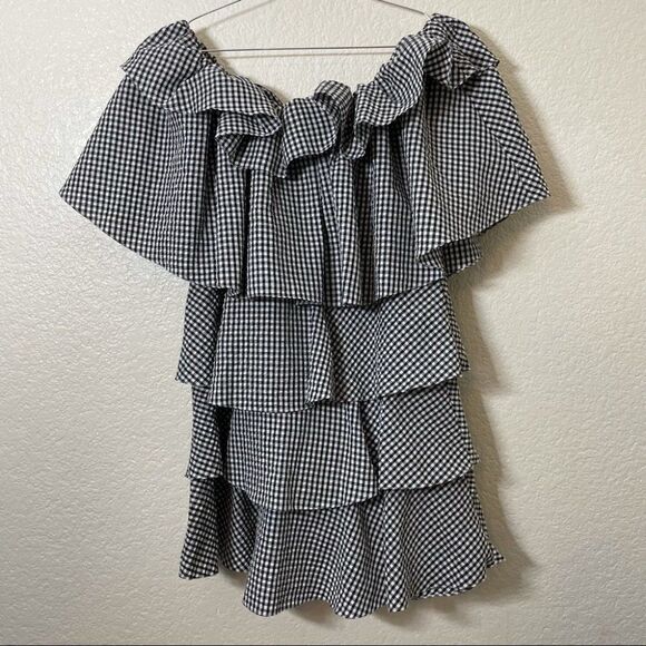 MLM Label Gingham Tiered Ruffle Off Shoulder Black and White Mini Dress - Picture 13 of 14